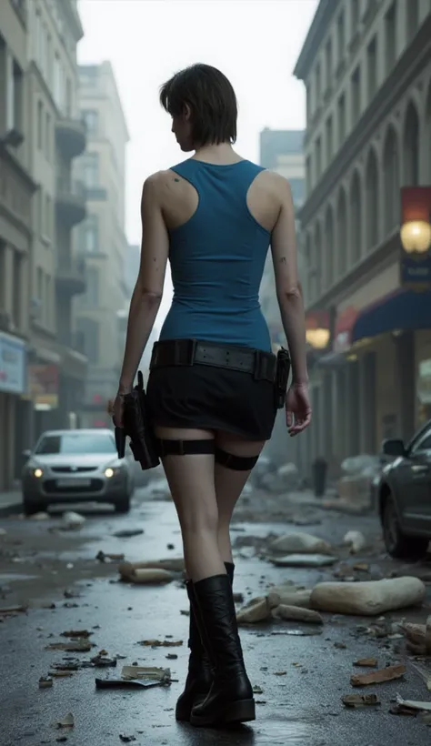 Jill Valentine in blue top black mini skirt black hair Resident Evil Apocalypse back 