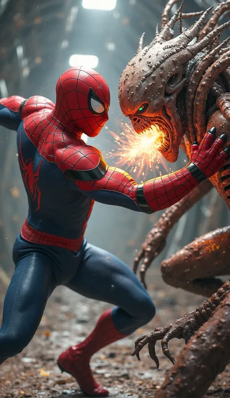 spiderman is punching alien creatures face badly broken head, using superpower, inside a spaceship 