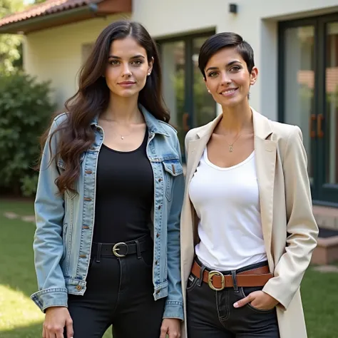 Real life. Photo shoot. Two european women standing side by side at the house backyard. The woman on the left has long dark hair, large breasts, fair skin, tall, and athletic build. She is wearing a black tight t-shirt, covered with light blue denim jacket...