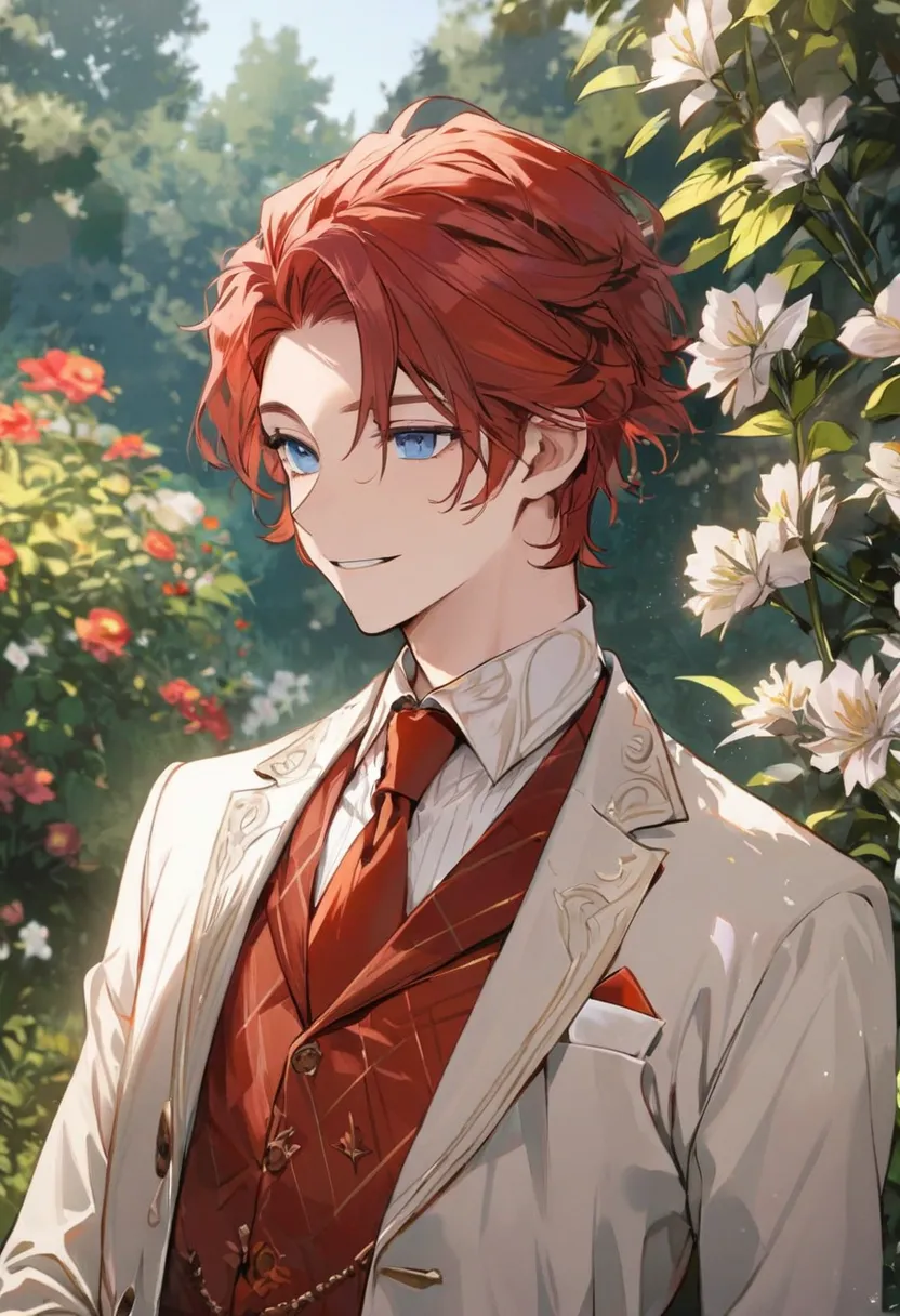 obra maestra , excellent quality , man cabello  color rojo,  blue eyes , man ,  male gender, Bridegroom's suit  , short hair , age s,  Attractive face, very detailed face,  cheerful look , In the garden , by day , Alone 