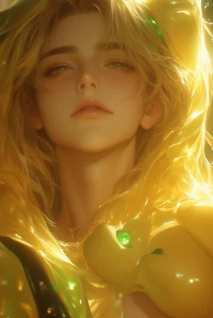  A young man with long, golden-yellow hair that flows gently, reflecting the soft morning light like fine silk. His bright green eyes, akin to emeralds touched by sunlight, radiate warmth amid the tranquil atmosphere. His face carries a gentle expression, ...