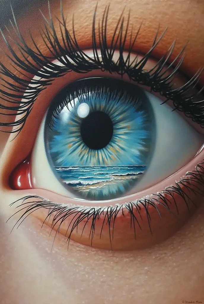 Make a painting that look like oil painting make an eye and the pupil has to be an ocean