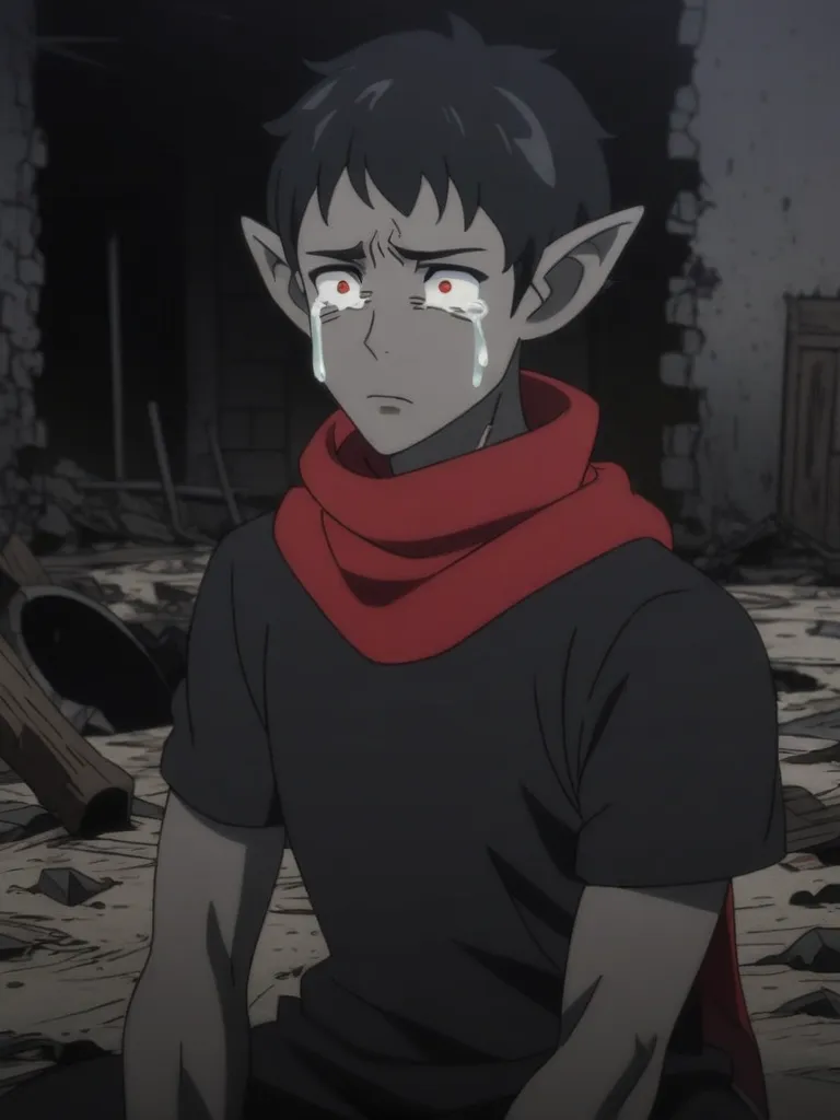 1 boy, solo,  sharp ears, goldenocaria eyes,   Bloodshot eyes , dark grey skin, helmet short hair, black hair, on the neck wearing black clothes, there is a red scarf, kneels in front of a destroyed and burnt house,crying, anime style, 