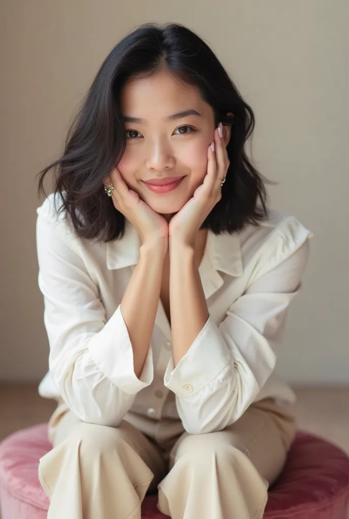 A young woman with medium hair, black and wavy at the ends,  black eyes and fair skin,  posing for a professional photo shoot. She wears a white silk blouse, shape combined with beige tailoring pants. The setting is a minimalist studio, with a neutral back...