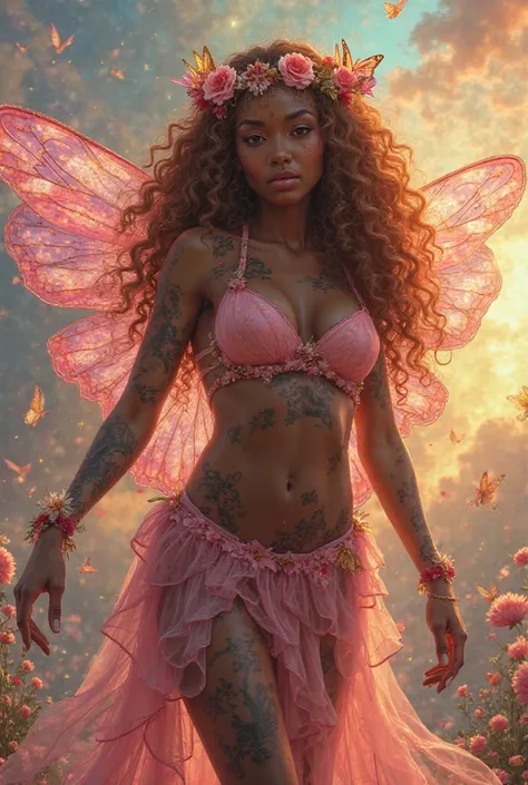 Fairy with long curly hair,  pele negra, Butterfly Wreath, sexy pink clothes and sturdy, tattooed body and a rainbow in the background.