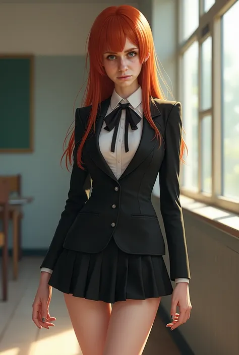 Sexy Russian girl in school uniform, skirt, distinguished life, Hot thighs,  black form. Breasts are not visible, is very slim and fishy but with huge size 6 breasts, the skinny woman weighs 30 kg and is 170 cm tall, copper redhead, bright redhead 