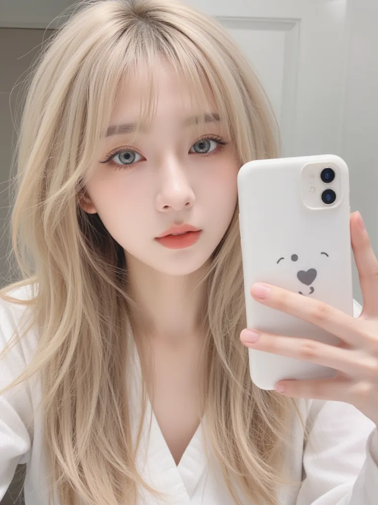 A Korean girl with blue eye contacts in, so pretty, cutie, and blonde hair (it’s kind of damaged) with bangs, soft makeup look, xiaohongshu makeup look, with Douyin style makeup, pretty eyeliner, big eyes, aegyo sal, gorgeous visual, dimples, instagram pos...