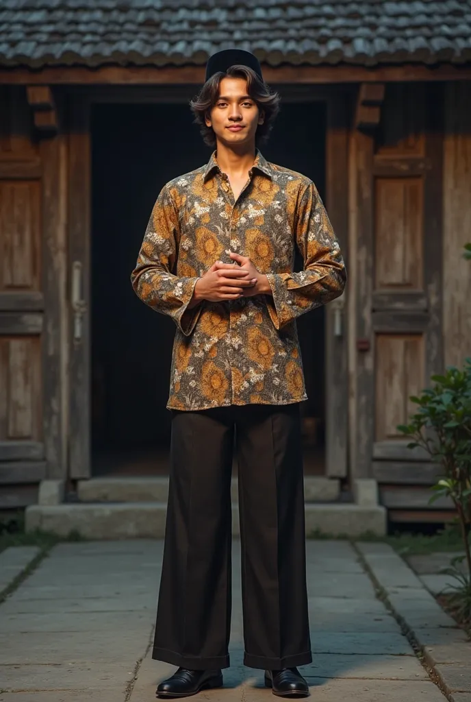 Photorealistic, a handsome young Indonesian man,  with slightly long hair curls ,  wears a black peci  ( Islamic traditional pray hat ), wearing a vintage floral patterned long sleeve shirt, classic cutbray pants ala 70's, black leather shoes , standing co...