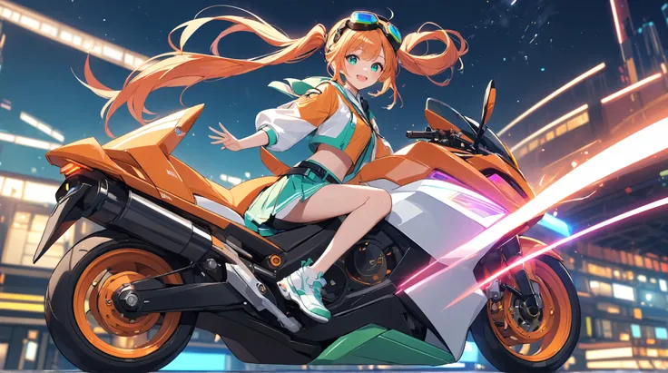 Tokyo in the near future in 2100、night、高層ビルが立ち並ぶnight空、Japanese high school girl flying in the sky riding a futuristic motorcycle、 hair twin tails 、The color of the hair is orange、green headphones、big futuristic goggles、Wearing a futuristic Japanese high s...