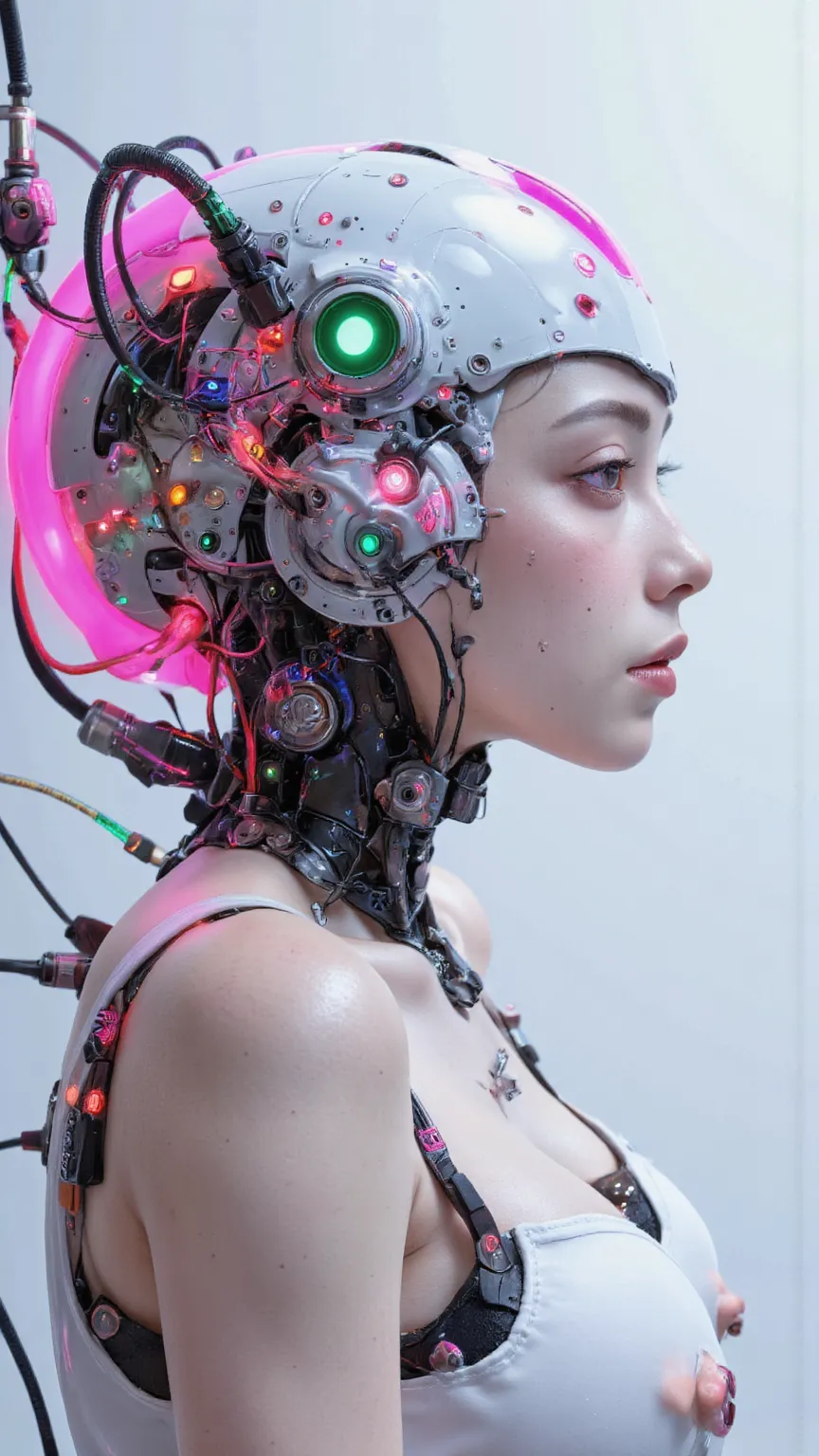 nice photo of a female cyborg, future, nice, is dazzling, attractive, flashy, upper body, Quirky, Adult face, full shot, Strong Makeup, cyborgized brains, colorful, Wonderful, robot head is smooth and glossy like ceramic, detailed, stand out, The robot's h...