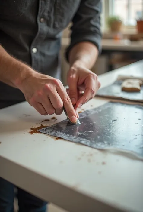 model removing adhesive vinyl from a surface