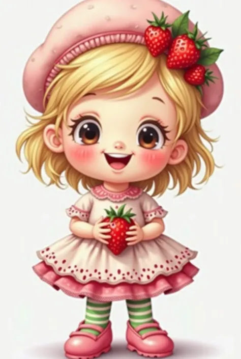 Mascot little white-skinned baby girl smiling short blonde hair dress for short white mornings with a Strawberry in the middle the dark pink skirt with polka dots pink shoes and green and white striped tights with pink beret hat with strawberries 