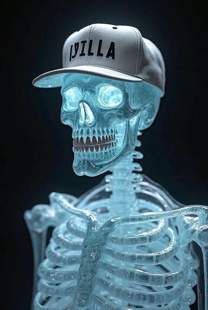 An ice skeleton with diamond teeth with a cap written Yella
On a black background
Do it from the front
