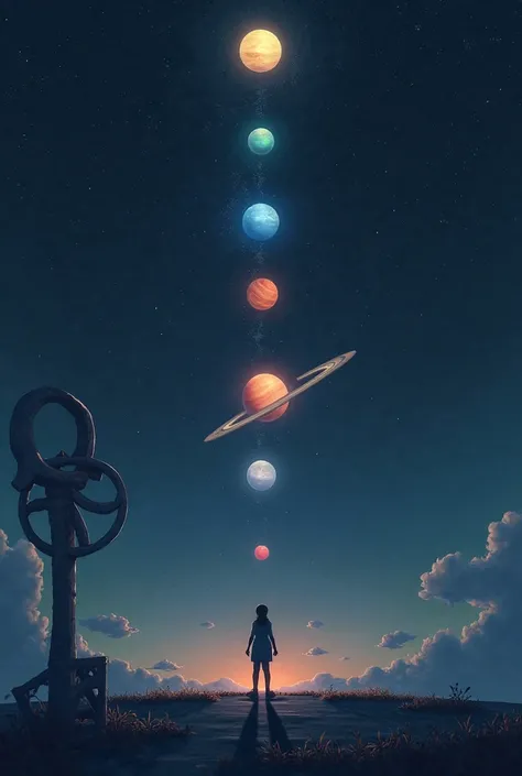 Create an image with 7 aligned planets highlighted. In the night sky with small stars shining
On the ground the shadow of a large key, And in the front the shadow of a man looking up.
