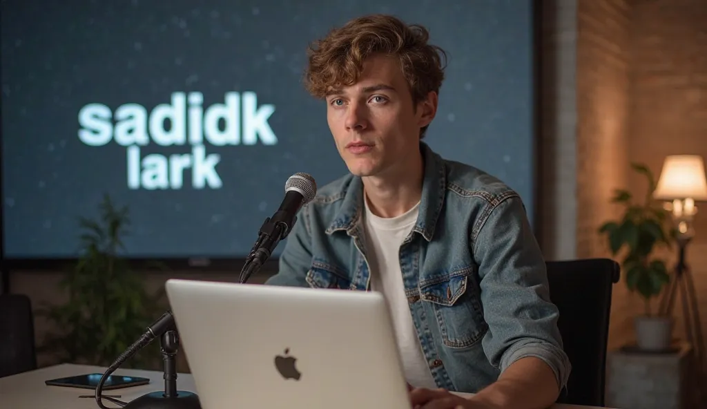 In front  a young person, there is a microphone, and on his backround it says "sadik lark." He is sitting on a chair and speaking, and in front of him, there is a table on which an Apple laptop is placed.

