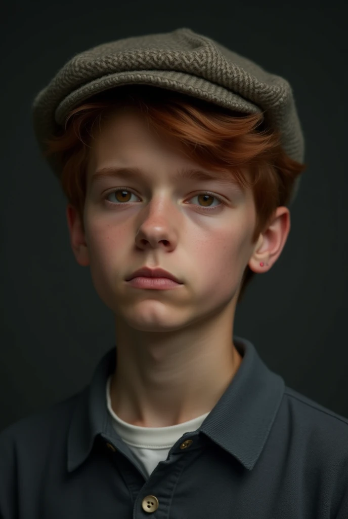 a serious young man with a slightly wavy face with a dark background with slightly reddish hair brushed from behind, wearing a wool cap, dark eyes ,lips pronounced and put on a polo shirt with a dress bag