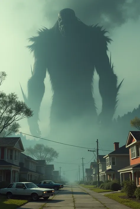 80s, VINTAGE , retro , with houses , And in the background a super giant monster with black smoke ,  surrealism  ,  Realistic ,  real life , fog , Stranger Things