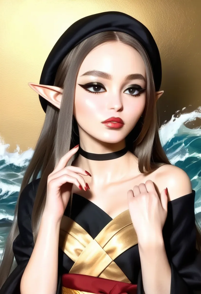 Create a full body illustration of a petite, European, elf-like female character with regal features. (blowing a kiss), (air kiss), (oval-shaped face), (small eyebrows), (expressive almond-shaped eyes), (dark eyeliner), (long bold eyelashes), (glossy red l...