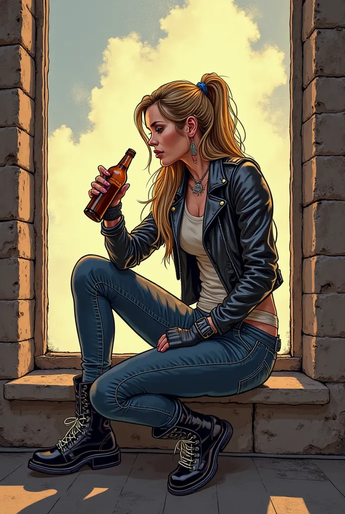 Create very high quality image, in drawing, Old comic book style, With a serious tone for motivational videos: A young woman wearing biker clothes, With motorcycle boots,  sitting in a large window , with the leg half stretched,  having a beer, holding a b...