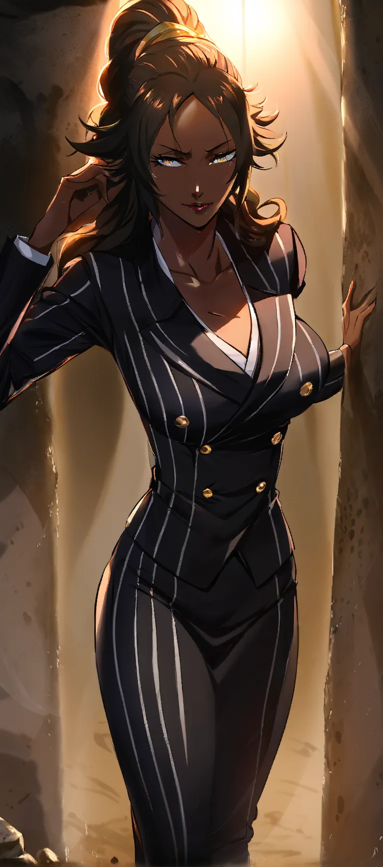 Thin age Black business woman with curly while wearing a black pinstripe suit and pinstriped skirt on , golden buttons