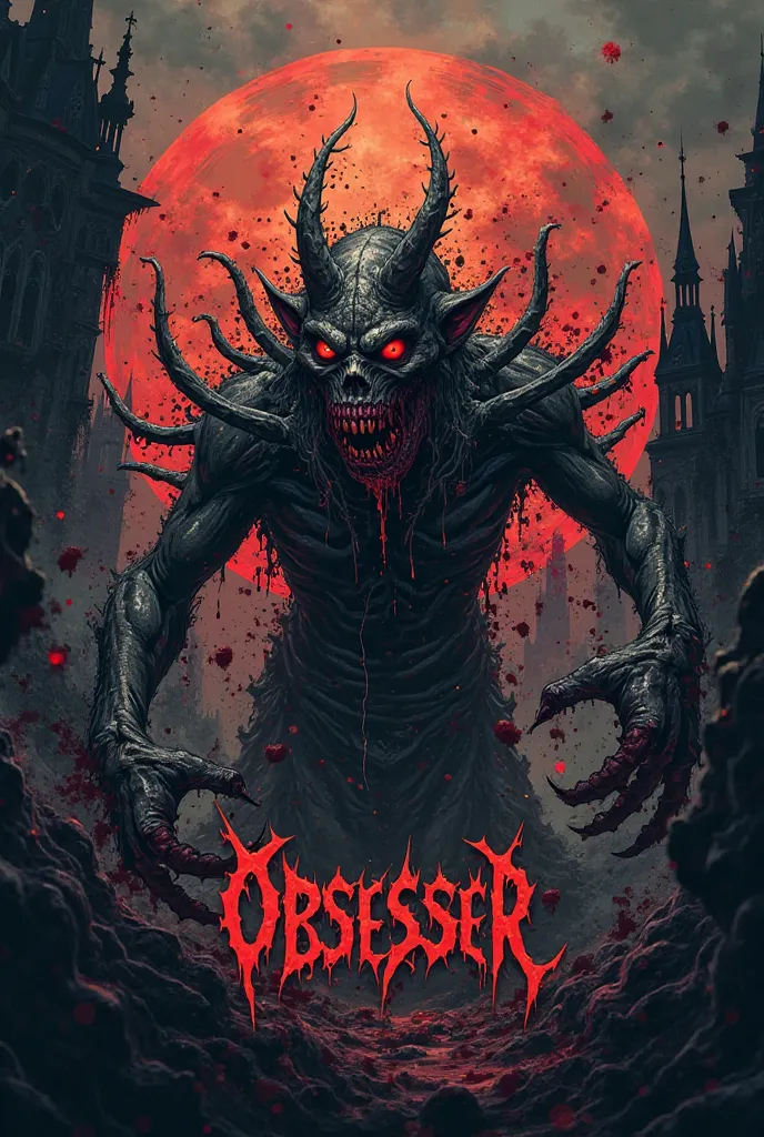 Create the logo of a death metal band called, obsessor, The figure and the name must refer to the state of absolute chaos, prague, death, Madness and Murders, 