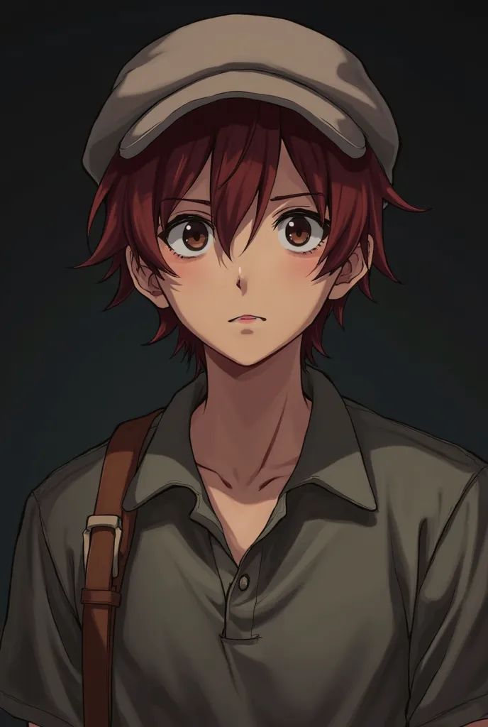 a serious young anime man with a slightly wavy face with a dark background with slightly reddish hair brushed from behind, wearing a wool cap, dark eyes ,lips pronounced and put on a polo shirt with a dress bag