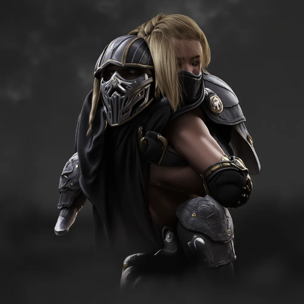 cinematic film still of  In Mortal Kombat style HYBSRYNG female , helmet, mouth mask, black scarf, black clothes, armor, sleeveless, arm guards, fingerless gloves, black boots, sheathed,1girl, Long Hair, Bangs, Blonde Hair, Blunt Bangs, Single Braid, assas...