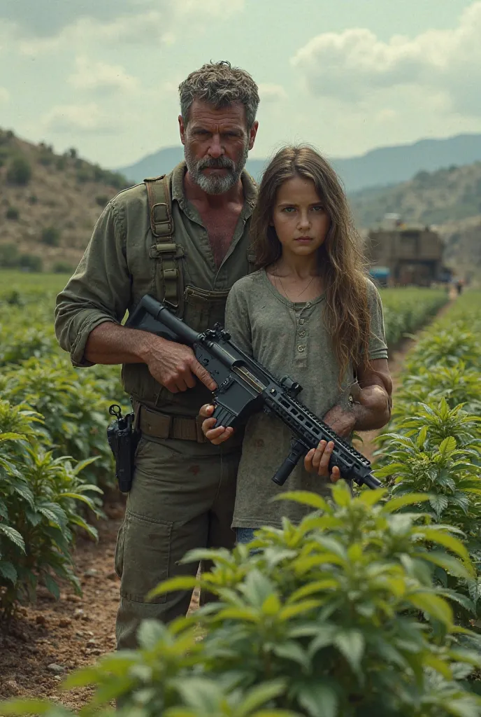 Create an image of a man and a girl holding guns in their hands tending a drug field