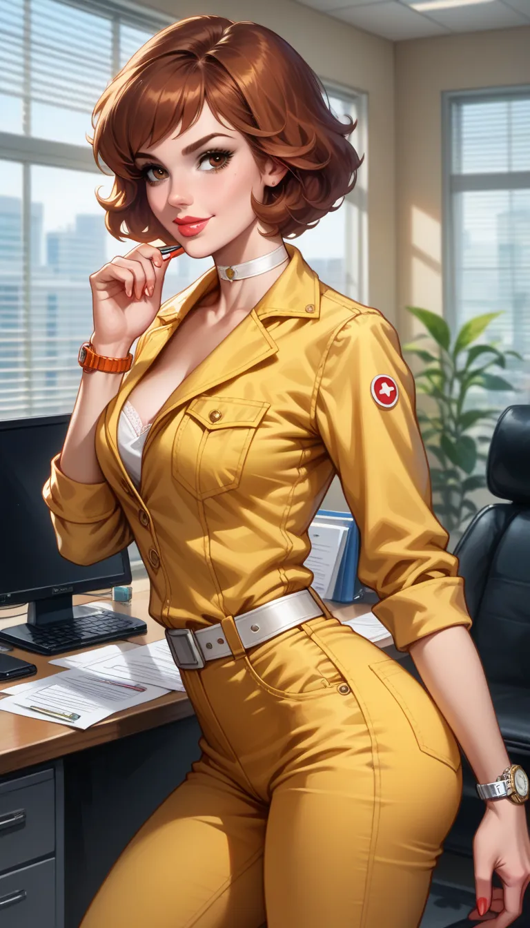 score_9, score_8_up, score_7_up, 1girl, solo, beautiful waifu, sexy (april o'neil, short hair, brown hair, brown eyes, lips, lipstick:1.3), wearing (yellow jumpsuit,  wristwatch, white belt:1.2), (plain choker:1.1), naturally curved, sexy thighs, nm_fitbut...