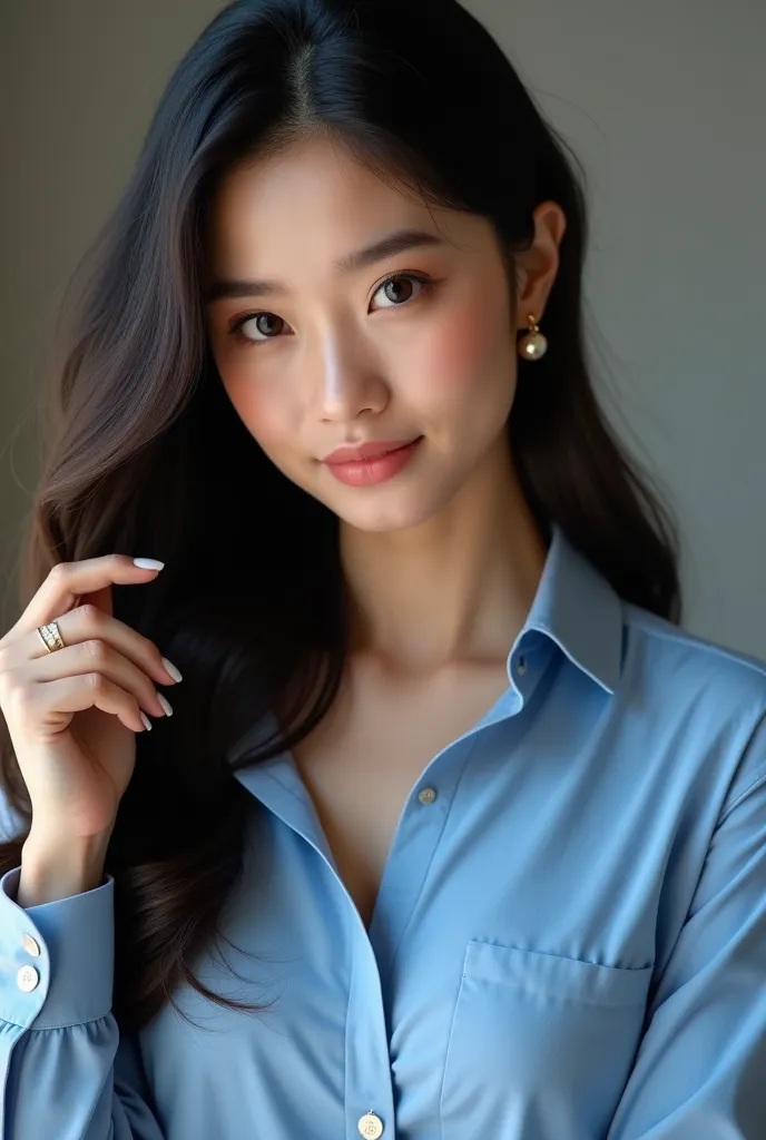 " A young and elegant woman with long hair , black and wavy, wearing a blue shirt draped over her shoulder She has a confident look,  with a serious and slightly friendly expression .  and has smooth and well-illuminated skin . , One of your hands is in yo...