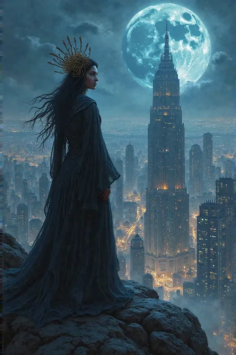 Beautiful witch watching the big city in front of her