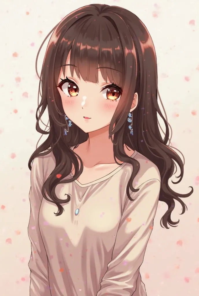 "Anime-style character of a young woman with long, dark brown hair styled in soft waves, medium-length with a bit of volume at the ends. She has warm, expressive brown eyes with long lashes and a subtle makeup look. Her skin tone is light with a warm under...