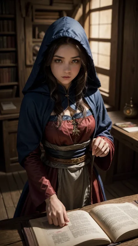 A monk, witch, ninja, thief canon by the Grimm brothers' book little red riding hood, as an D&D RPG elf warrior, adult; character creation design image. Egyptian girl, brown-haired with blue lights, dark-brown eyes