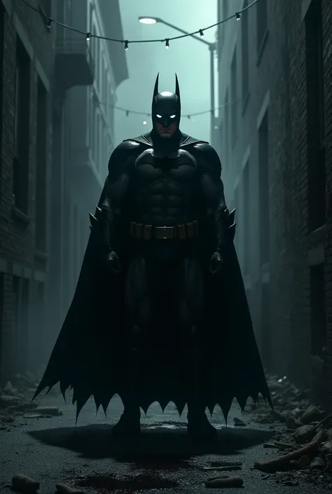 Make Batman scarier and darker, in a dark and macabre alley, Alone in the dark