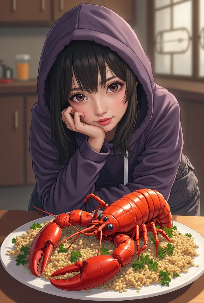   A real scene where there is a beautiful Korean woman, smooth white skin, Korean -style bread with bangs, hoodie wearing dark purple, cargo pants, knee long shorts with lots of bags, pose lying on the side, eyes staring at the camera, on a plate of fried ...