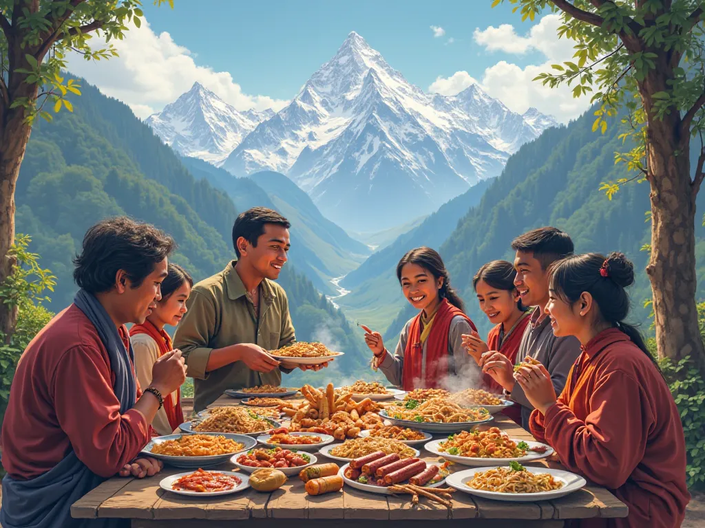 Nepali people eating Corndog and sausage and spring roll potato fry and noodles in mountain 
