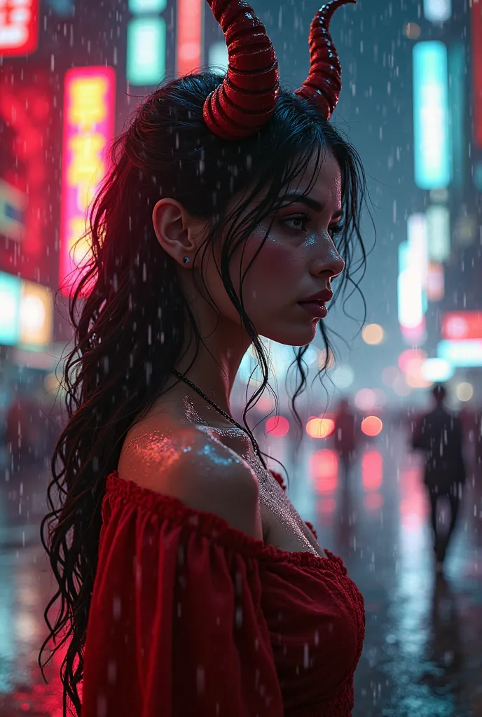 banner A captivating and mysterious hybrid woman, part human, part demon, stands in a rain-soaked street in a neon-lit city reminiscent of GTA. Her beauty is otherworldly, with striking human features, but her demonic side is subtly revealed in the sharpne...