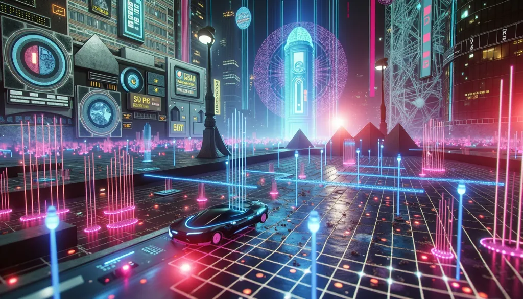 Create a stunning and atmospheric cyberpunk cityscape at night, featuring towering skyscrapers with neon lights and holograms illuminating the foggy streets below. The city should feel alive and bustling, with futuristic flying vehicles weaving between bui...