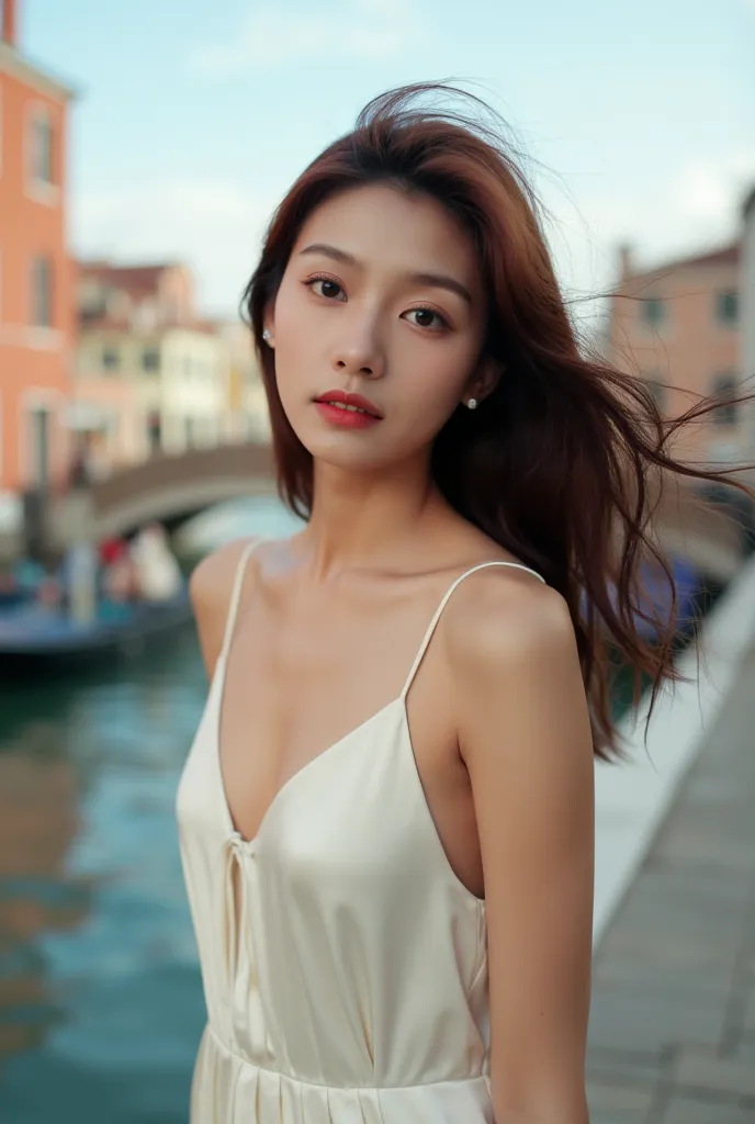 "A 25-year-old Eurasian woman with delicate facial features and wavy chestnut hair, wearing a silk slip dress standing by Venice canal, soft natural lighting blending with water reflections, professional portrait photography style, soft contrast between iv...