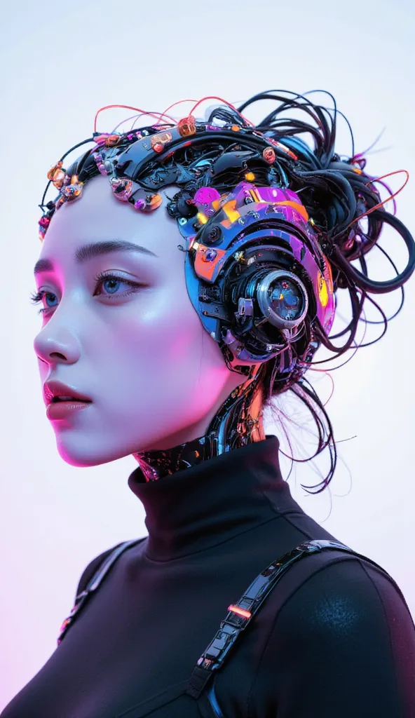 nice photo of a female cyborg, future, nice, is dazzling, attractive, flashy, upper body, Quirky, Adult face, full shot, Strong Makeup, cyborgized brains, colorful, Wonderful, robot head is smooth and glossy like ceramic, detailed, stand out, The robot's h...