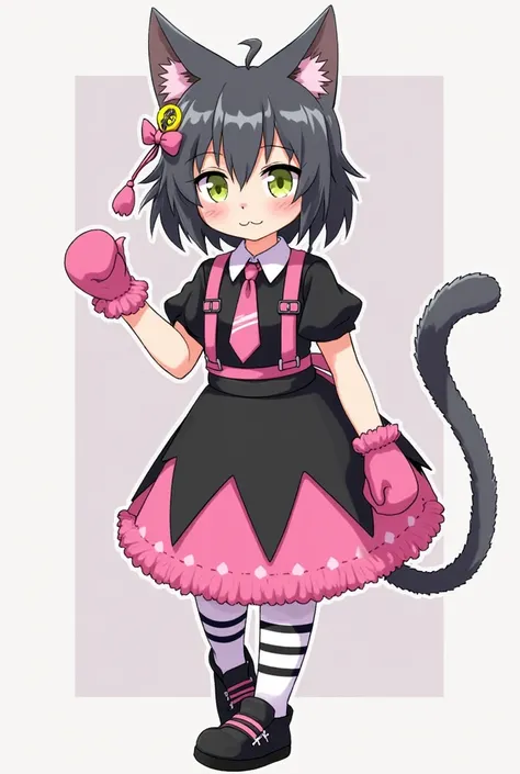 She is also a cat, like Husk.  with dark gray fur , 3 small light yellow hearts on each cheek, small eyebrows in the shape of a circle, Pointy Ears, a black nose in the shape of a heart. tail with a tassel at the end, and the tail itself in bright pink str...