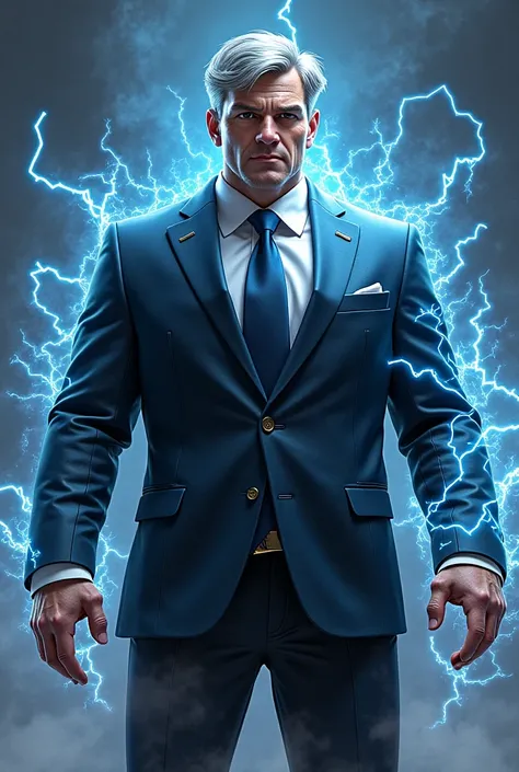 Partly gray-haired adult male with a suit and tie, stocky build and with electricity powers. 
