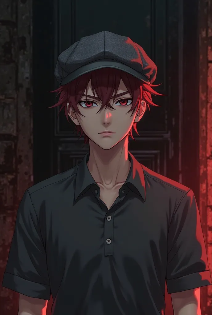 a serious young anime man with a slightly wavy face with a dark background with a little dark reddish and short hair, wearing a wool cap, dark eyes ,The lips pronounced and put on a polo 