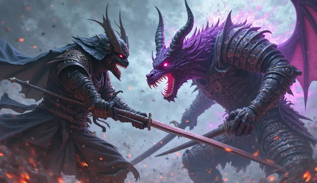 a samurai wearing a demon mask grabs 2 swords、fight a purple devil wearing samurai armor、Grab a sword 