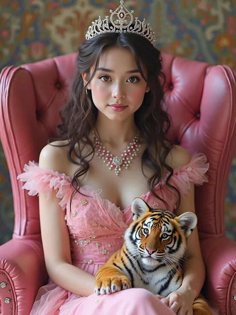 Create the realistic image of a young woman with dark brown hair, brown eyes and white complexion wearing a frosty pink dress. Add a tiara to her head and have her sit on a pink leather throne with a baby tiger on her legs wearing a pink necklace with diam...