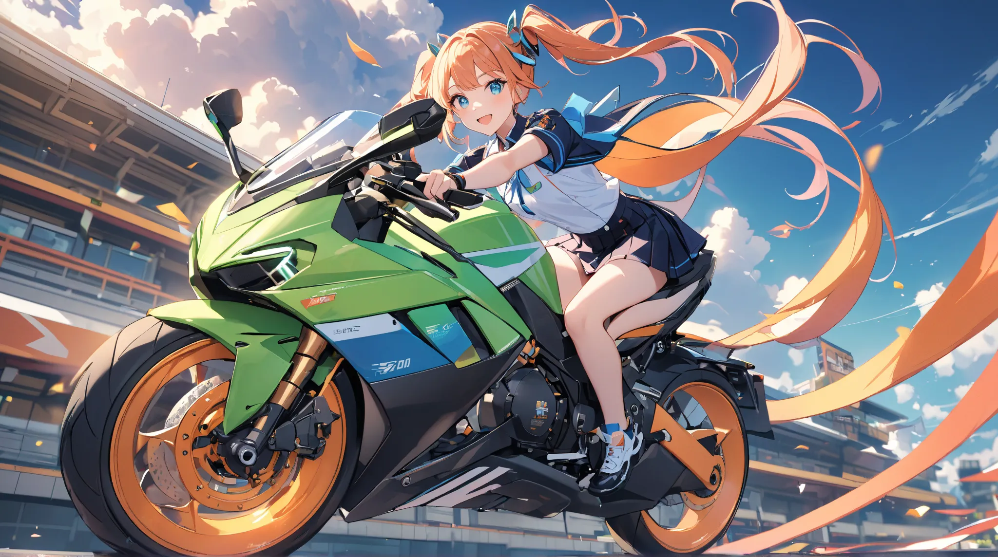 Tokyo in the near future in 2100、night、高層ビルが立ち並ぶnight空、Japanese high school girl flying in the sky riding a futuristic motorcycle、 hair twin tails 、The color of the hair is orange、green headphones、large futuristic goggles、wearing a futuristic Japanese high...