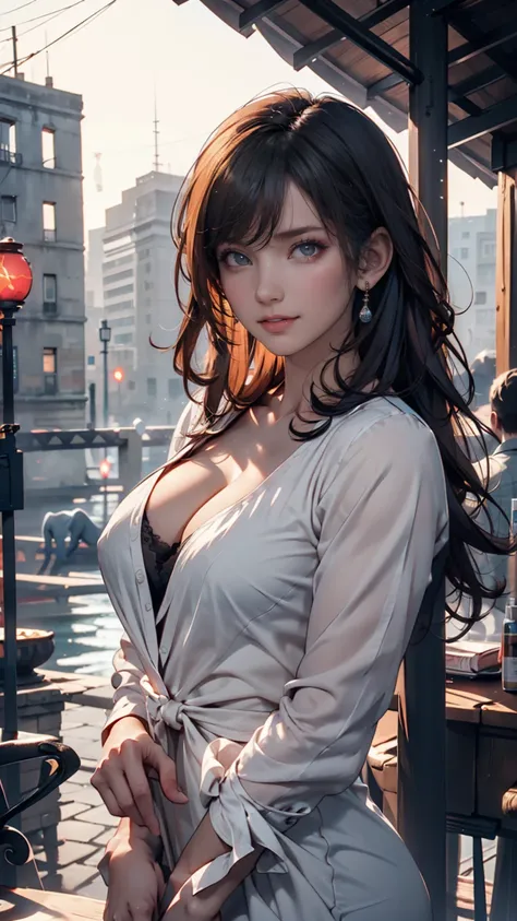 16k, High Resolution, , ray tracing,  natural light, Absard dress,  Top Quality Masterpiece,  perfect anatomy very detailed face, detailed eyes, 1 girl, Alone,  showing a nerdy smile ,  shirt, Open top button (cleavage emphasis), beautiful hair,  extremely...