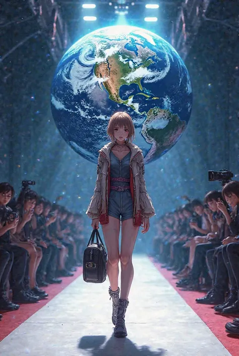 Create an anime planet Earth that you model on a runway with a bag in your left hand 