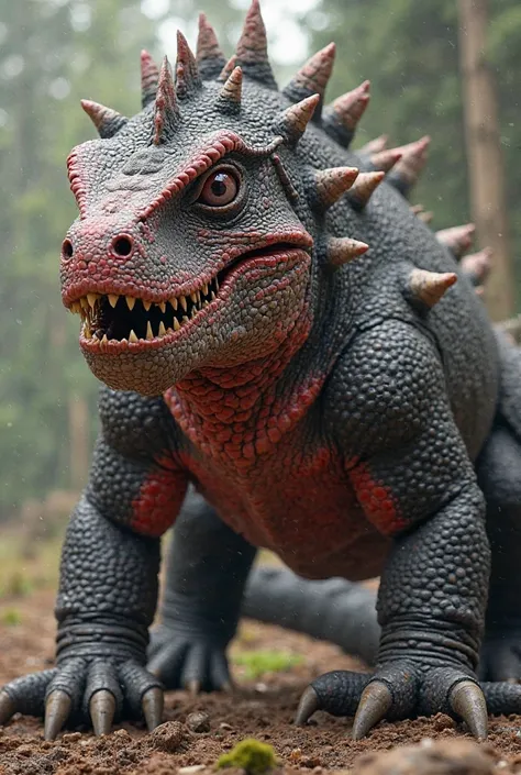 Megalania, with the exception that it is larger, having an armored skin with a natural armor of bones on protrusions as well as a very muscular neck as well as its four legs, a wide and long tail to stabilize,  crimson red eyes, sharp and thick teeth,  rob...