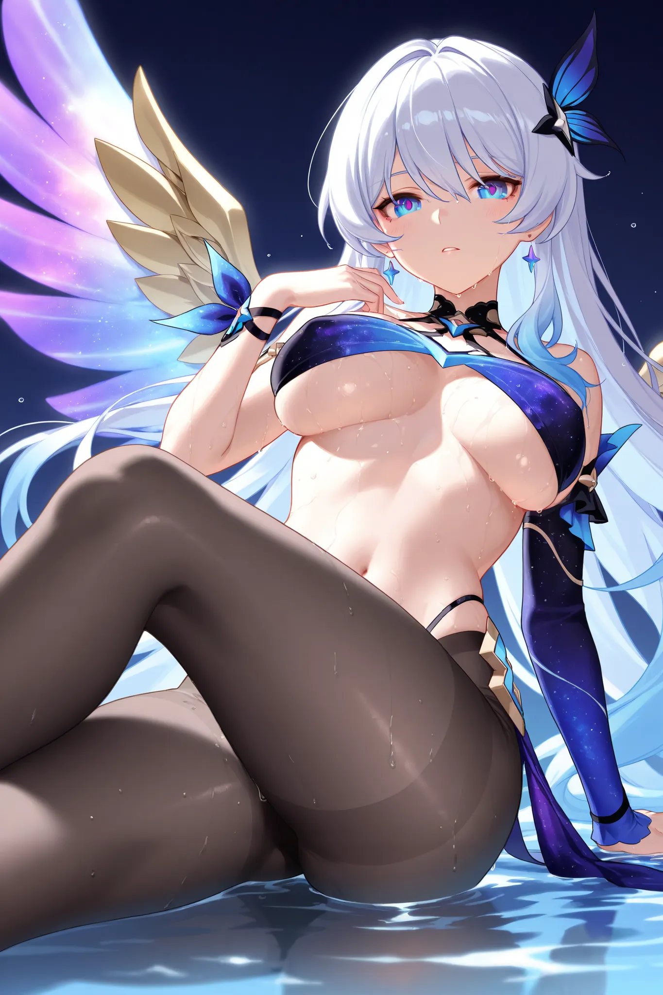 Honkai Impact 3、Kiana、best image quality、 best thighs、Beautiful breasts、wet body、Galaxy eyes、Galaxy Wings、sea hair、So that the whole thing is reflected、black tights